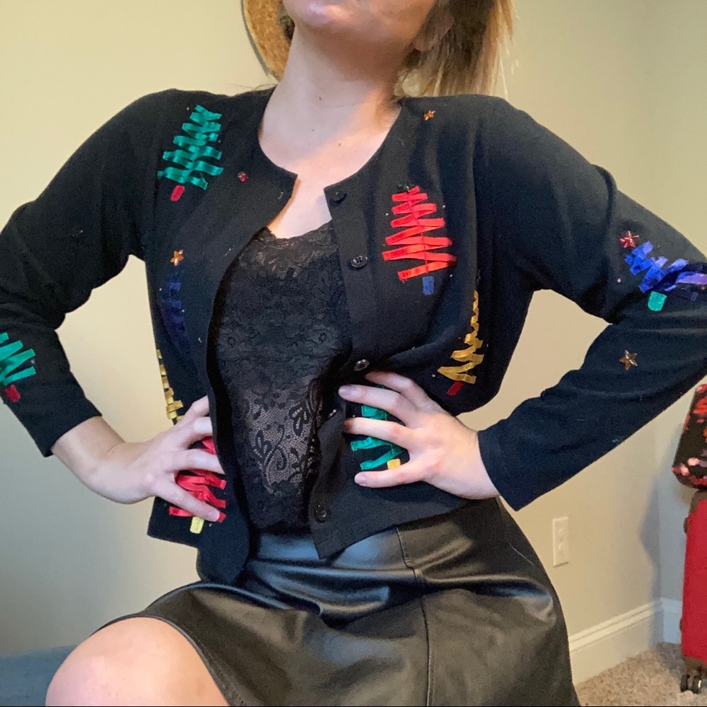 Vintage Michael Simon Christmas Tree Ornaments and Stars Sweater Cardigan